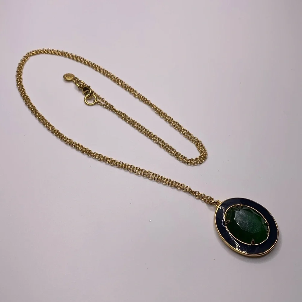 J. Crew Gold Tone Necklace 32” w/ Oval Enamel & Glass Pendant 1-1/4” x 1-1/8”